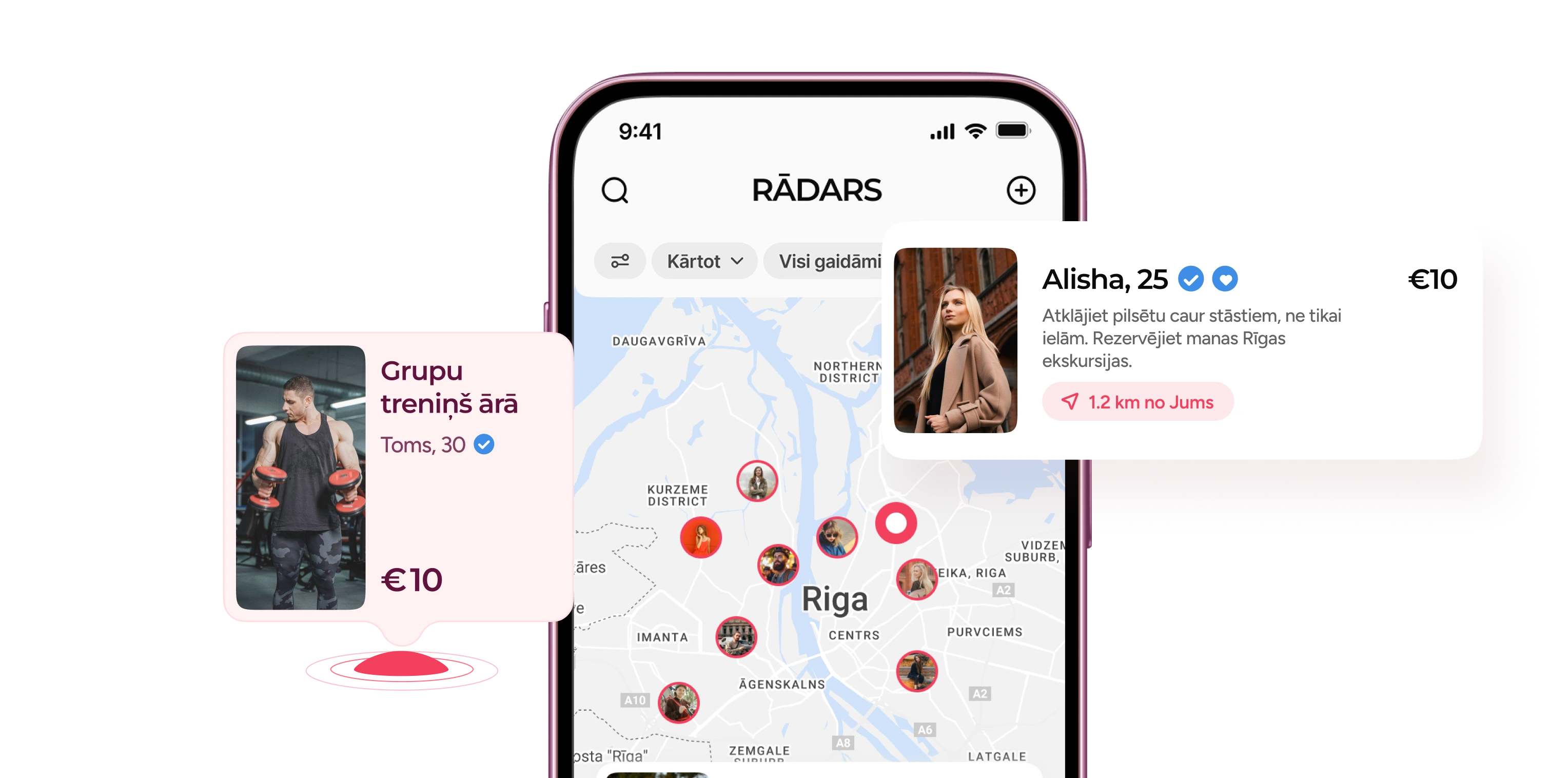 BUYONE lietotnes saskarne ar rezervācijas un pakalpojumu opcijām